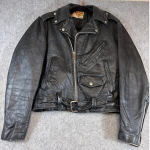 VINTAGE Excelled Leather Motorcycle Jacket Mens Black Biker Moto Belted Size 38
